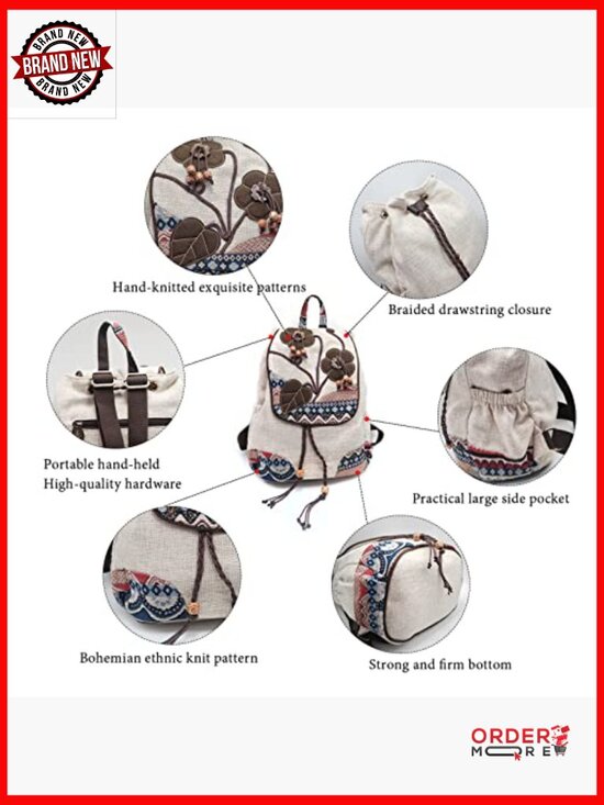 Vintage Bohemian Drawstring Canvas Backpack Purse Women\'s Hand-Embroidered main image 6